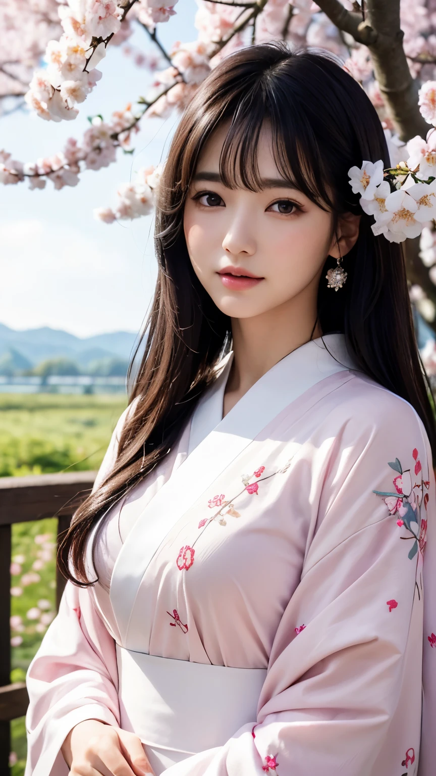 (logo、masterpiece、8k、table top、RAW photo、wonderful、最high quality、Photorealistic and hvery detailed CG integrated 8k wallpaper、high quality、very detailed、Narrative poem、particle effects、dynamic effects、written boundary depth、cinematic light、Lens flare、ray tracing)、fantasy、 (1 beautiful woman、white kimono、Japan Dress、white cherry blossom pattern、White cherry blossom embroidery pattern、black haired、beautiful face、real face、beautiful details eyes beautiful skin)、Hair flutters in Wind、hair bounces、pink cherry tree、petals dance、SakuraFubuki、wonderful景色、sunrise、sun on background、Wind、god々、teeth、god話、vast land、