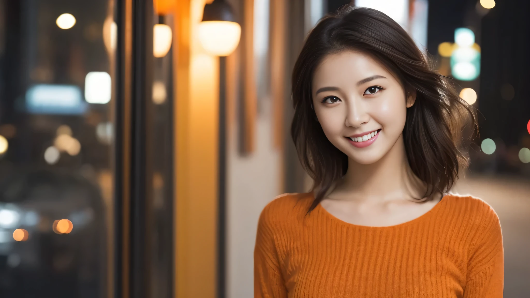 1 girl, (wearing an orange knit dress:1.2), (RAW photo, highest quality), (realistic, Photoreal:1.4), table top, very delicate and beautiful, very detailed, 2k wallpaper, wonderful, finely, very detailed CG Unity 8K 壁紙, Super detailed, High resolution, soft light, beautiful detailed girl, very detailed目と顔, beautifully detailed nose, beautiful and detailed eyes, cinematic lighting, night city lights, perfect ???????, slender body, smile, Camera-wide perspective, I&#39;looking forward to it