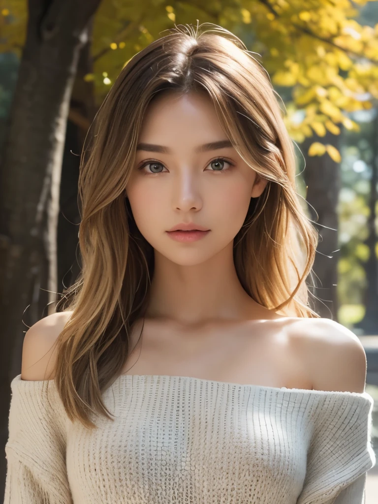 "Create an image of a young woman with fair skin and sun-kissed blonde hair styled casually. Her hair should be textured, slightly wavy, and shoulder-length. She has defined eyebrows, clear eyes, and natural makeup. She is wearing a fitted, black, crew-neck sweater with a ribbed texture. The setting is outdoors with a backdrop of autumn trees, bathed in the warm, soft glow of late afternoon light."