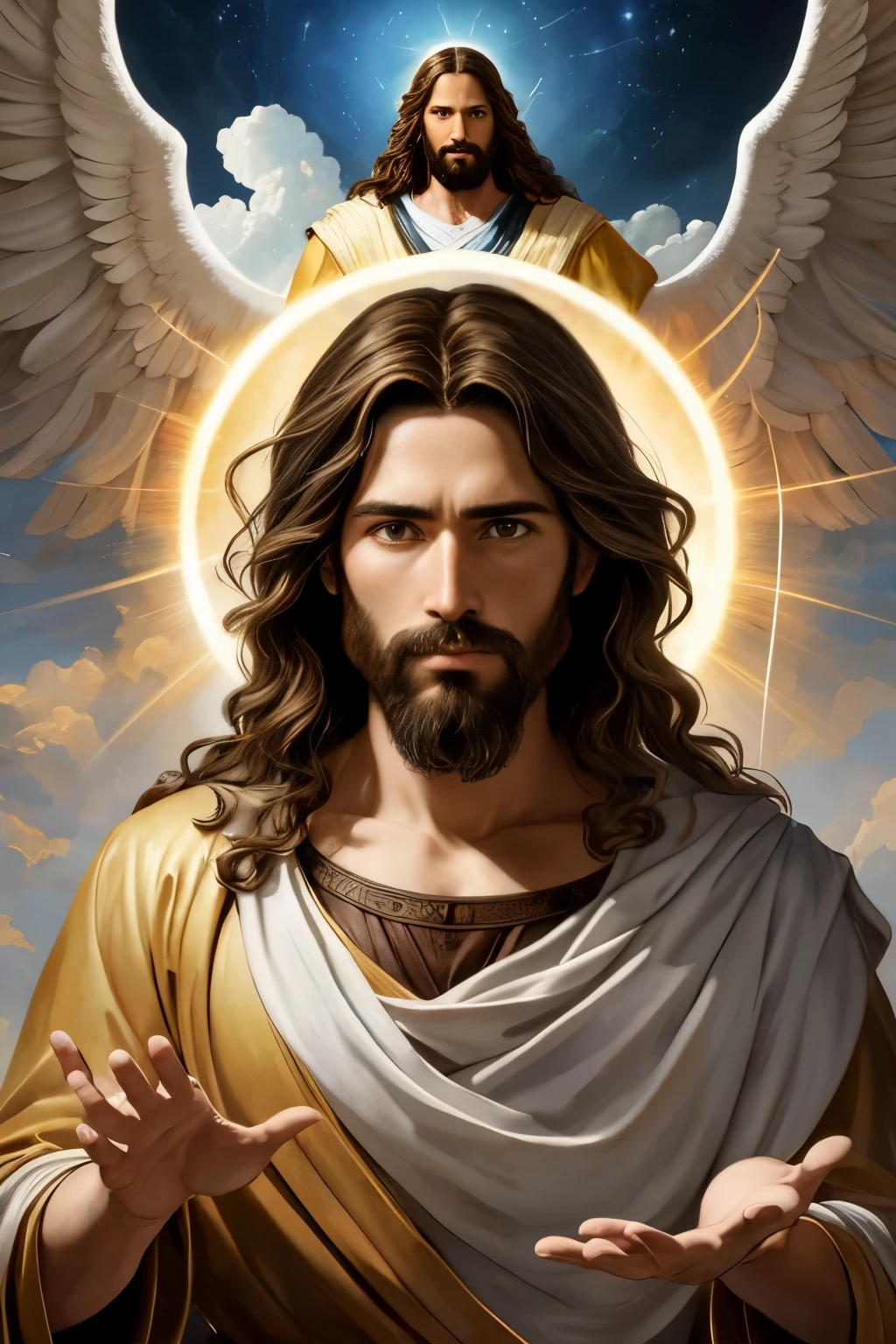 A breathtakingly beautiful and awe-inspiring depiction of Jesus in the clouds, rendered in mesmerizing 4k resolution. This realistic image showcases the Son of God in all his glory, with a celestial background that transports the viewer to a realm beyond imagination. Every intricate detail of Jesus is faithfully captured, from his flowing brunette hair to his long brown beard, while his open arms symbolize love and salvation. Created in the style of masterful artists like Diego Velázquez, Peter Paul Rubens, Rembrandt, and Alex Ross, this remarkable artwork is a fusion of Concept Art, PhotoRealism, and Surrealism. With brush strokes that mimic the fluidity of watercolor, this digital masterpiece elevates Jesus to a divine level,