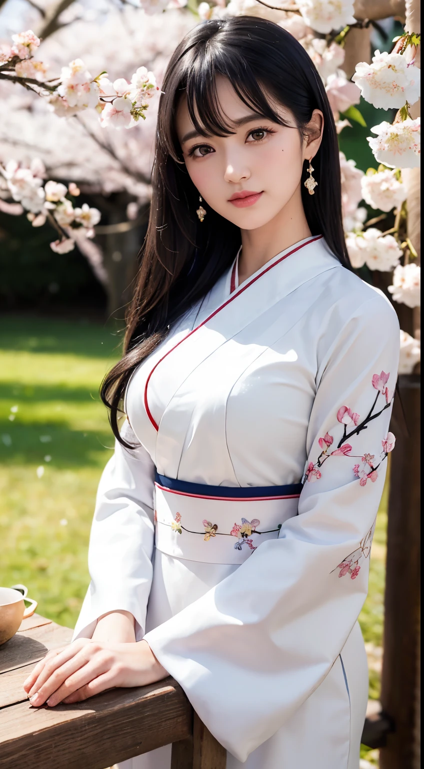 (logo、masterpiece、8k、table top、RAW photo、wonderful、最high quality、Photorealistic and hvery detailed CG integrated 8k wallpaper、high quality、very detailed、Narrative poem、particle effects、dynamic effects、written boundary depth、cinematic light、Lens flare、ray tracing)、fantasy、 (1 beautiful woman、white kimono、Japan Dress、white cherry blossom pattern、White cherry blossom embroidery pattern、black haired、beautiful face、real face、beautiful details eyes beautiful skin)、Hair flutters in Wind、hair bounces、pink cherry tree、petals dance、SakuraFubuki、wonderful景色、sunrise、sun on background、Wind、god々、teeth、god話、vast land