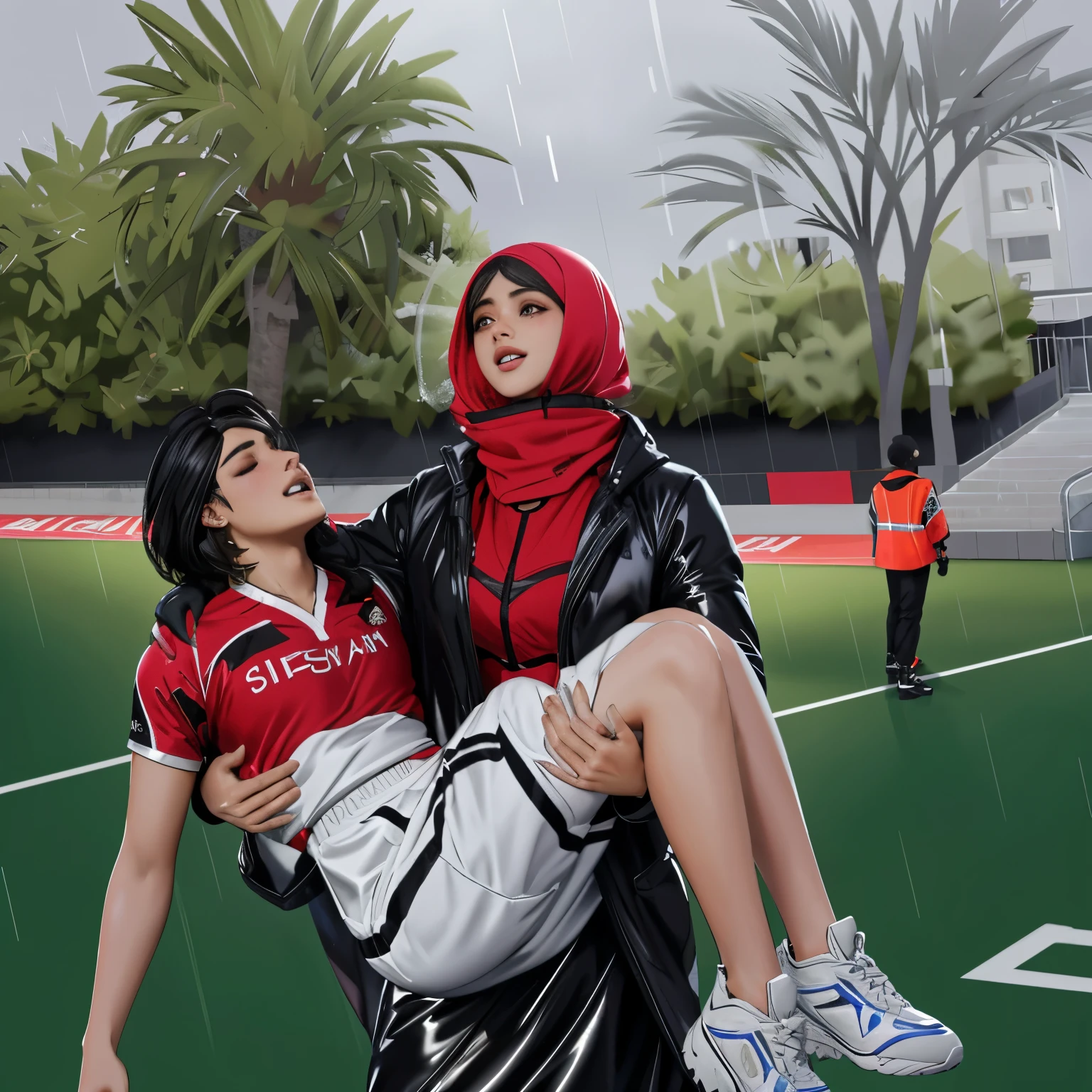 a screaming hijabi girl in a laquered and very shiny quilted coat carries a man in matte sportswear, a veiled woman carries a man in dull sportswear, a woman carries in her arms a male soccer player in cotton sportswear, rainy weather, rainfall, humid, girl carries guy, lift and carry, an excessively madeup latino-girl in a high-shine wet black latex downcoat, a soccer scene, a soccer injury, first aid carry at a soccer match, a young madeup latino-girl in a shiny black vinyl downjacket, a madeup latino-girl in a shiny plastic-downcoat, a very sad and desperately crying latino-girl, an intensely madeup latino-girl in a glossy black vinyl-downcoat, latino-girl with lipstick, latino-girl with smoky eyes, dramatic action pose, woman that is carrying a skinny shorthaired man, there is a beautiful woman in a shiny coat who is carrying a shorthaired blond man in her arms, a longhaired beautiful woman in a high-shine black puffy coat, a longhaired woman in a shiny downcoat, a woman is carrying a shorthaired man who is wearing black shorts, a weak shorthaired man in black shorts is consciousless and needs to be carried, a shorthaired man with closed eyes is carried in the arms of a longhaired latino-woman, a latino-woman looks very scared and terrified, a consciousless shorthaired man with closed eyes is suffering very much and has a very painful face, photo, photo shoot, photographed, arafed man being carried by a woman, very realistic, very very realistic, hyper-realistic, hyper - realistic, hyper realistic, jacket over bare torso, very disturbing, very hyperrealistic, super realistic, hyperrealistic!, extremely realistic, very very very realistic, super-realistic realistic, super-realistictic!, extremely realistic, very very very realistic, super-realistic realistic, super-realistic, veiled arab woman's face, a completely matte and very dull cotton fabric soccer jersey on a male shaped torso
