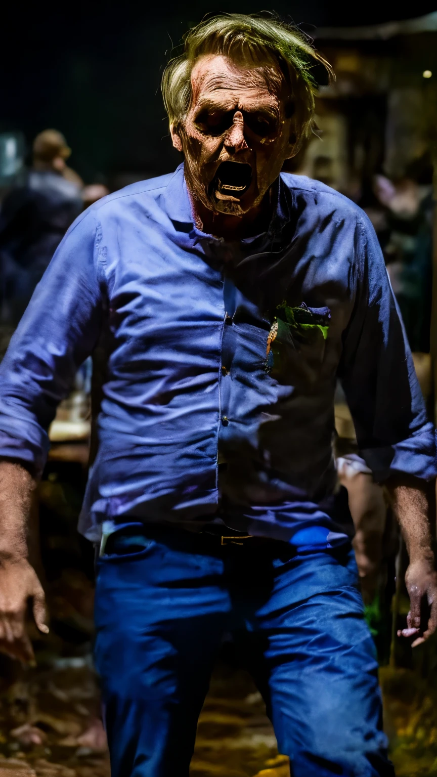 (masterpiece, best quality:1.2), ((RAW photo, Best quality)), (Realistic, photo-realistic:1.2) a zombie old man ((corpsy body)), hottinig, blond, ((Exposed brain)), night. ((Horror, creepy)), (((White eyes))), angry. ((Pale or greenish skin)), wounds, empty eyes, torn clothes, slow movements, guttural noises, aggressive and cannibalistic behavior. Cinematic lighting.