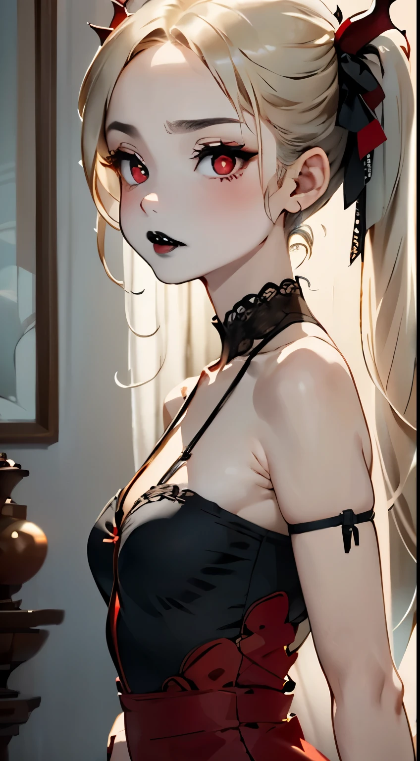 one girl、unparalleled beauty、cute face、red face、fine eyes、(((vampire、deep red eyes、black lips、No expression)))、dark fantasy、Drifting eroticism、twin tails、twin tails、blonde、classy dress、small breasts、ancient capital、dark drawing room、luxurious ornaments、dark lighting、dark lighting、masterpiece、highest quality、super resolution、best image quality、Super detailed、