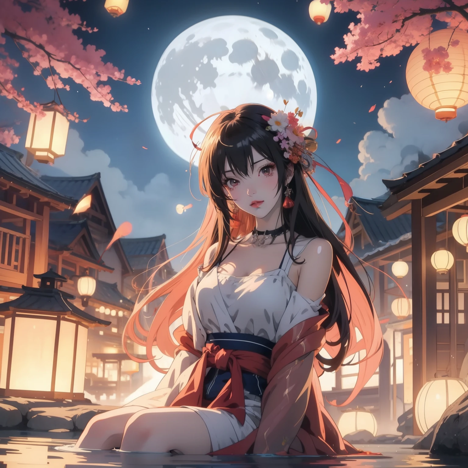 Anime girl sitting in the water，Lanterns and full moon in the background, anime style 4k, anime art wallpaper 4k, Anime Art Wallpaper 4k, anime wallpaper 4k, anime art wallpaper 8k, anime wallpaper 4k, 4k anime wallpaper, Beautiful anime, Beautiful anime girl, Beautiful anime artwork, 4k comic wallpaper, anime pictures, Beautiful anime art