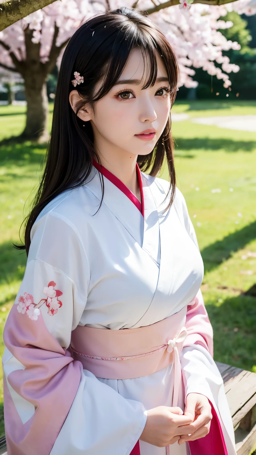 (logo、masterpiece、8k、table top、RAW photo、wonderful、最high quality、realistic、very detailed CG 統合 8k 壁紙、high quality、very detailed、Narrative poem、particle effects、dynamic effects、written boundary depth、cinematic light、Lens flare、ray tracing)、fantasy、 (1 beautiful woman、Kimono isolated on white background、Japan Dress、cherry blossom pattern、black haired、beautiful face、real face、detailed and beautiful eyes、beautiful skin)、Hair flutters in Wind、hair bounces、pink cherry tree、petals dance、SakuraFubuki、wonderful景色、sunrise、sun on background、Wind、god々、teeth、god話、vast land、