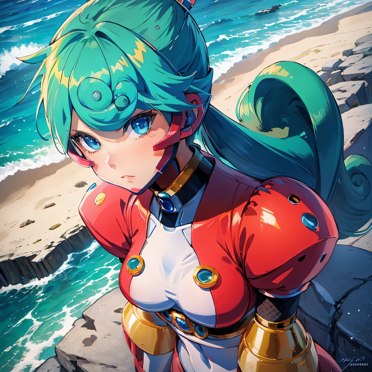 marino_megamanx, 1girl, green hair, blue eyes, ponytail, detailed face, breasts, masterpiece, high quality, overlooking the ocean on the edge of a rock, in the style of avian-themed, realistic yet stylized, villagecore, azure, orange and azure, dragoncore, aerial view