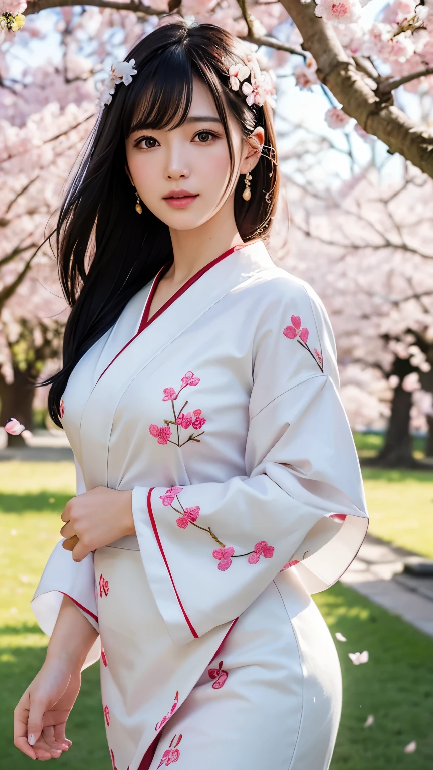 (logo、masterpiece、8k、table top、RAW photo、wonderful、最high quality、Photorealistic and hvery detailed CG integrated 8k wallpaper、high quality、very detailed、Narrative poem、particle effects、dynamic effects、written boundary depth、cinematic light、Lens flare、ray tracing)、fantasy、 (1 beautiful woman、white kimono、Japan Dress、white cherry blossom pattern、White cherry blossom embroidery pattern、black haired、beautiful face、real face、beautiful details eyes beautiful skin)、Hair flutters in Wind、hair bounces、pink cherry tree、petals dance、SakuraFubuki、wonderful景色、sunrise、sun on background、Wind、god々、teeth、god話、vast land、