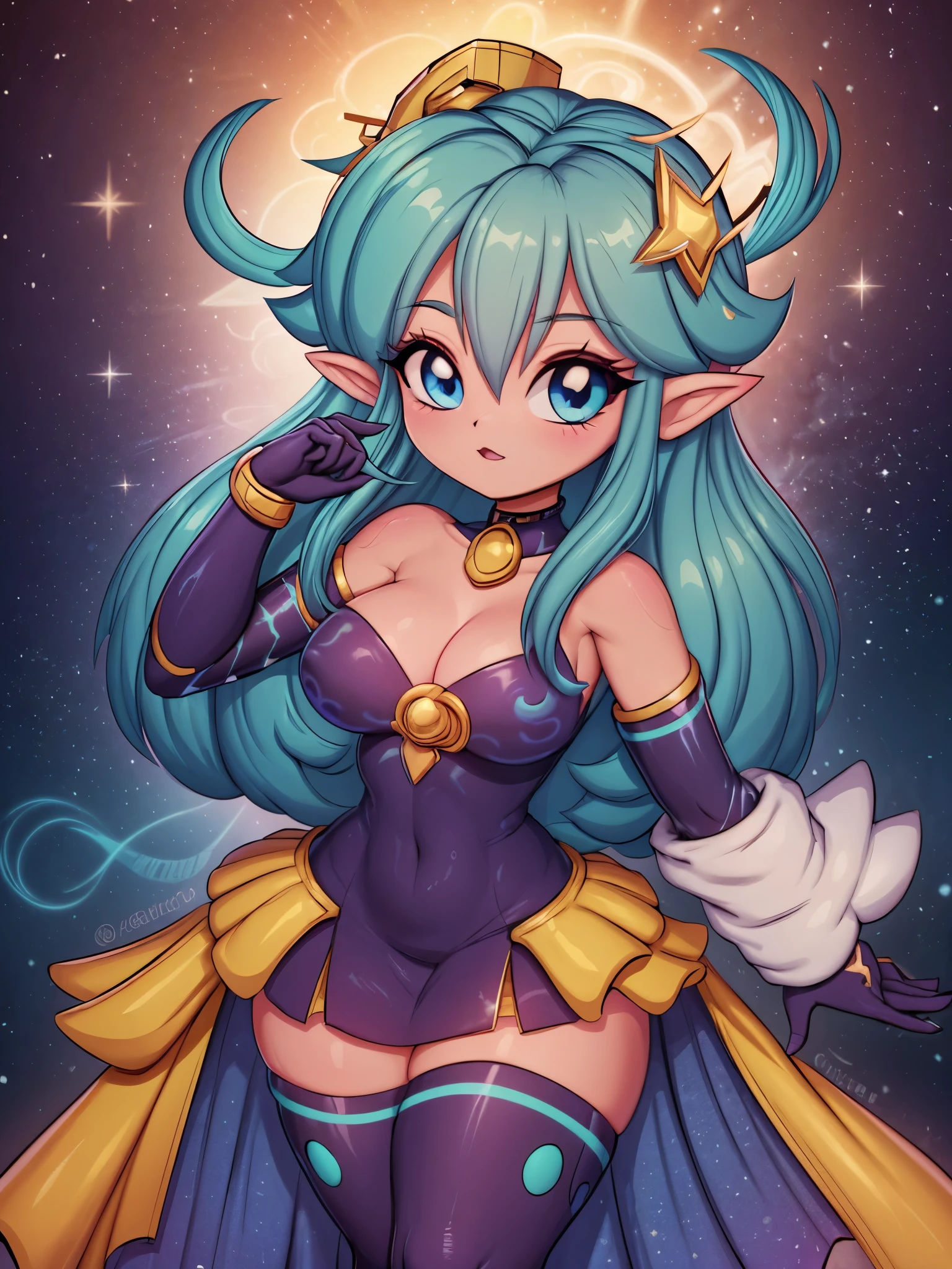 Masterpiece, Hyper detailed, Best quality, UHD, Ultra high resolution, (16K), (((3D))), ((Close up)), uwu expression, Nipples, ((Topless)), ((Long revealing black sci-fi dress with gold trim)), Voluptuous, Sexy, Curvy waist, Wide hips, (((Goddess emerging from nebula))), Long elf ears, (Blue eyes, Longeyelashes), (Long silver braided hair), (Celestial abstraction, Cosmic patterns, Galactic swirls, Ethereal glow), AGGA_ST009