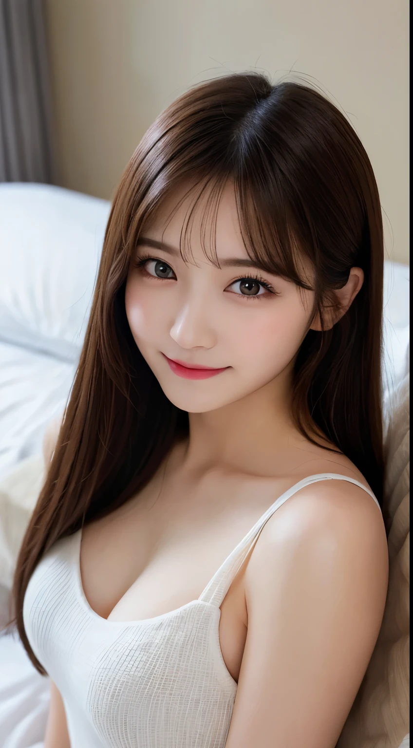 table top, highest quality, shape, Super detailed, finely, High resolution, 8k wallpaper, 完璧なダイナミックな構shape, beautiful and detailed eyes, spring fashion, small breasts, natural color lip,優しいsmile,20 year old girl、美しくdetailed face、perfect and beautiful face,Big eyes、美しくdetailed face、perfect and beautiful double eyelids、blur the background、Feminine poses、slim face and style、straight hair、Bedroom、lie in bed、 (get closer to the face, enlarge the face, face focus:1.0), break, (masterpiece, highest quality, Super detailed, detailed face, 8k)、real photos（best image quality）、shoot from above、look up、K-POPアイドルフェイス、smile