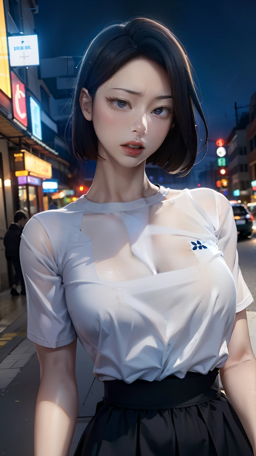 ((masterpiece)), (highest quality),, official art, very detailed CG Unity 8k 壁紙, very detailed, shiny skin, Depth of the bounds written, Bright colors,, 1 girl, (winding:0.4), (whole body:0.6),, short hair, bangs, red eyes, skirt, looking at the viewer, night, street, neon, think back, star (null), crowd, Upper body,beautiful image processing