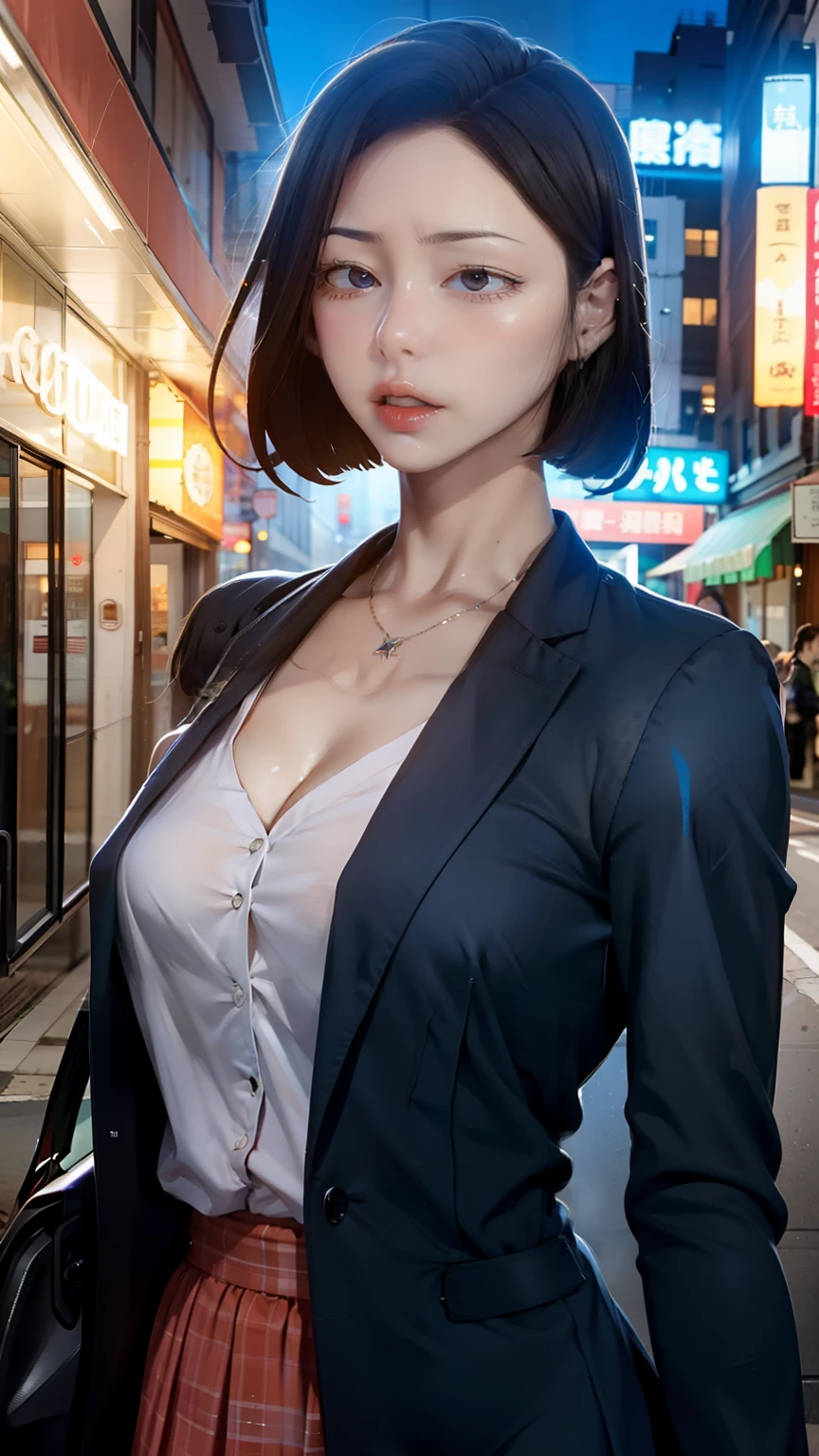 ((masterpiece)), (highest quality),, official art, very detailed CG Unity 8k 壁紙, very detailed, shiny skin, Depth of the bounds written, Bright colors,, 1 girl, (winding:0.4), (whole body:0.6),, short hair, bangs, red eyes, skirt, looking at the viewer, night, street, neon, think back, star (null), crowd, Upper body,beautiful image processing