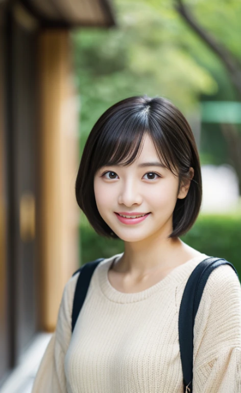 Portrait、8k、high quality、realistic photo images、24-years-old、japanese woman、neat wife、、housewife、Reproduces natural and realistic eyes、japanese stand、beautiful black hair、short hair、light makeup、octane rendering、beautiful lighting、composition of golden ratio、laughter、everyday wear、casual clothes、natural background、blurred background、High level image quality、Pure Japanese humanity、beautiful wife、Upper body、light makeup、No makeup、pure beauty、plain clothes、grey、beige、green、Plain color、casual clothes、slight smile、small black eyes、background bokeh