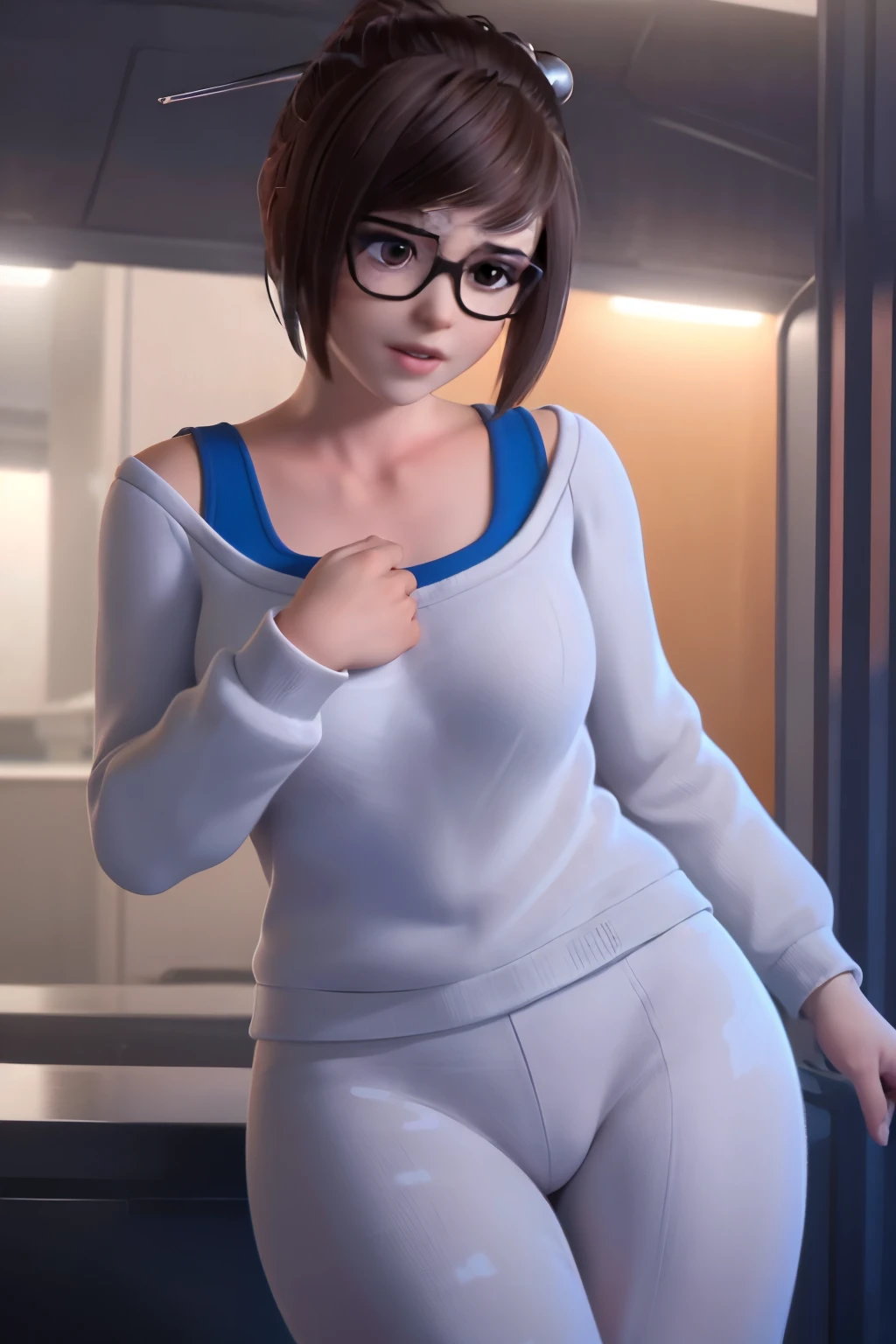 realistic, realism, photorealism, photo-realistic, high contrast, (photorealistic:1.4), 8k high definition detailed realistic, (best quality, masterpiece:1.2), photon mapping, radiosity, physically-based rendering, best quality, highly detailed, 1girl, pat, cameltoe, nude, owmei, pajamas, looks at the viwer, slight smile, nude,cowboy shot