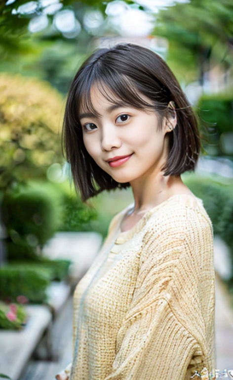 Portrait、8k、high quality、realistic photo images、24-years-old、japanese woman、neat wife、、housewife、Reproduces natural and realistic eyes、japanese stand、beautiful black hair、short hair、light makeup、octane rendering、beautiful lighting、composition of golden ratio、laughter、everyday wear、casual clothes、natural background、blurred background、High level image quality、Pure Japanese humanity、beautiful wife、Upper body、light makeup、No makeup、pure beauty、plain clothes、grey、beige、green、Plain color、casual clothes、slight smile、small black eyes、background bokeh