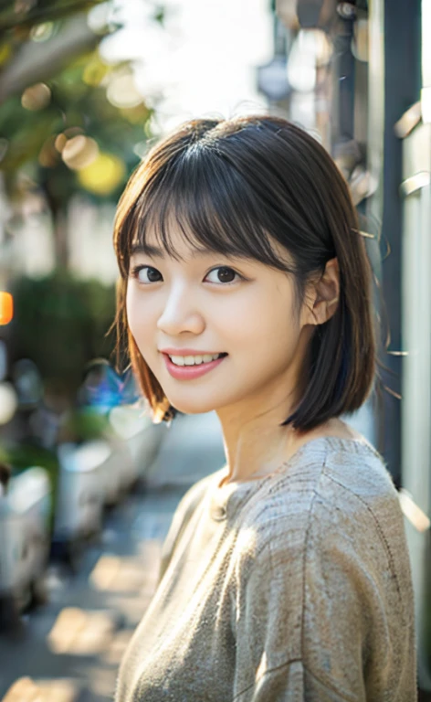 Portrait、8k、high quality、realistic photo images、24-years-old、japanese woman、neat wife、、housewife、Reproduces natural and realistic eyes、japanese stand、beautiful black hair、short hair、light makeup、octane rendering、beautiful lighting、composition of golden ratio、laughter、everyday wear、casual clothes、natural background、blurred background、High level image quality、Pure Japanese humanity、beautiful wife、Upper body、light makeup、No makeup、pure beauty、plain clothes、grey、beige、green、Plain color、casual clothes、slight smile、small black eyes、background bokeh