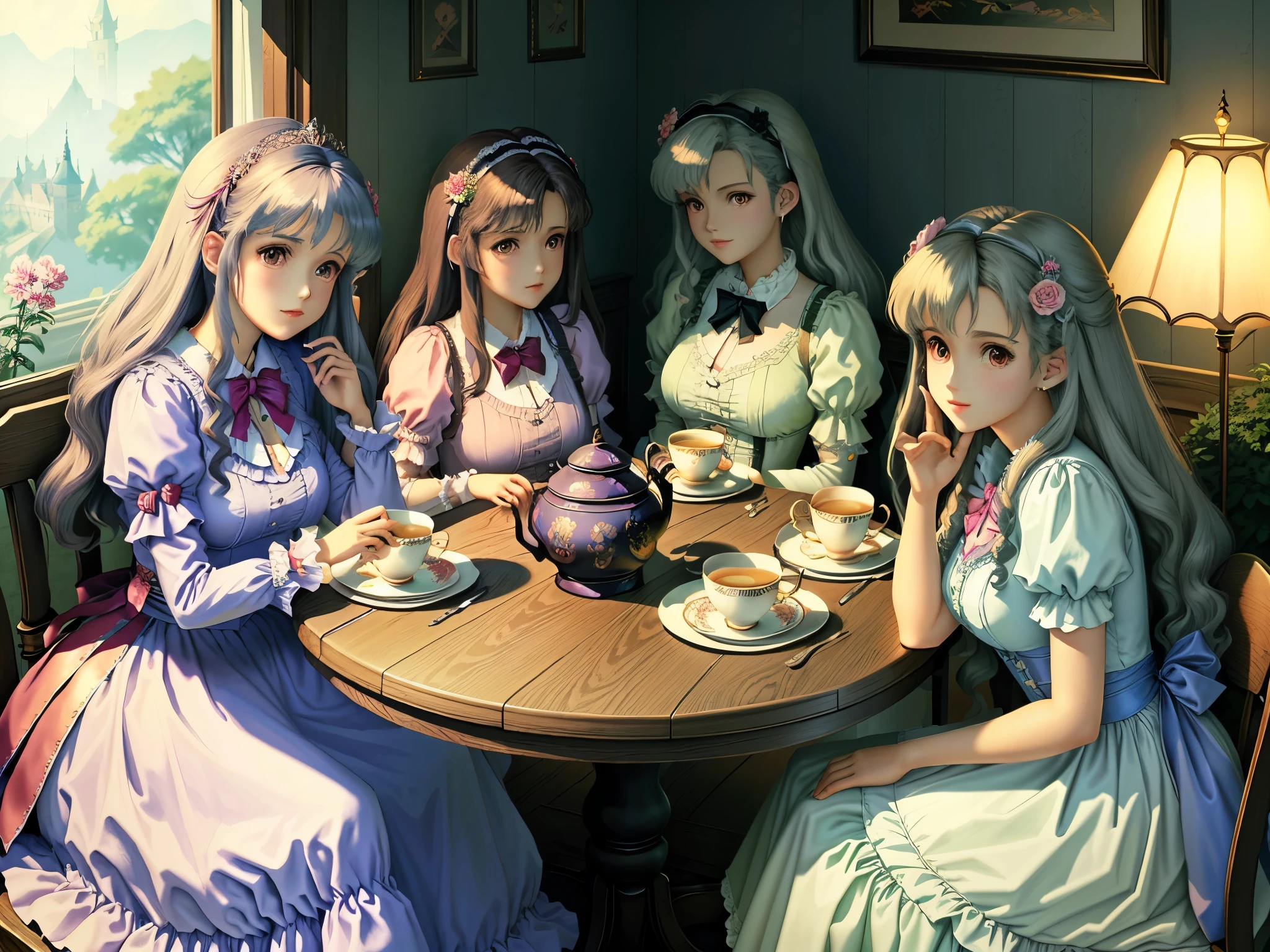 Many princesses are sitting around the table, high tea,lolita,Rococo,official fan art, Tea party, vintage shoujo, detailed fan art, Download contents, high quality fan art, official artワーク,, Illustration style like a fairy tale, Zerochan Art, official art, nice art style, cottage core!!, studio ghibli art style, In 80's anime art style