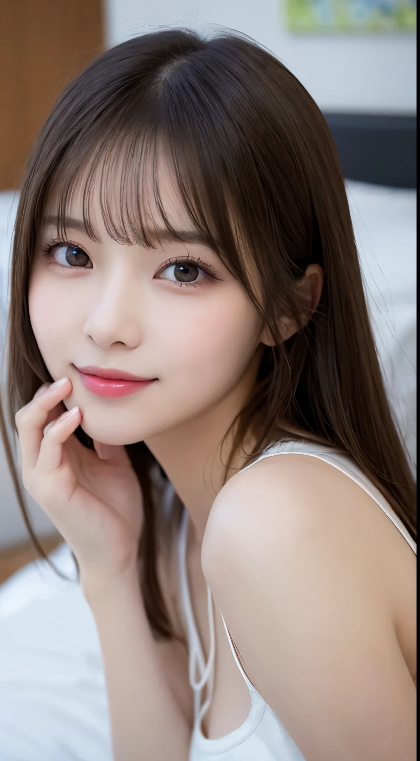 table top, highest quality, shape, Super detailed, finely, High resolution, 8k wallpaper, 完璧なダイナミックな構shape, beautiful and detailed eyes, spring fashion, small breasts, natural color lip,優しいsmile,20 year old girl、美しくdetailed face、perfect and beautiful face,Big eyes、美しくdetailed face、perfect and beautiful double eyelids、blur the background、Feminine poses、slim face and style、straight hair、Bedroom、lie in bed、 (get closer to the face, enlarge the face, face focus:1.0), break, (masterpiece, highest quality, Super detailed, detailed face, 8k)、real photos(best image quality)、shoot from above、look up、K-POPアイドルフェイス、smile