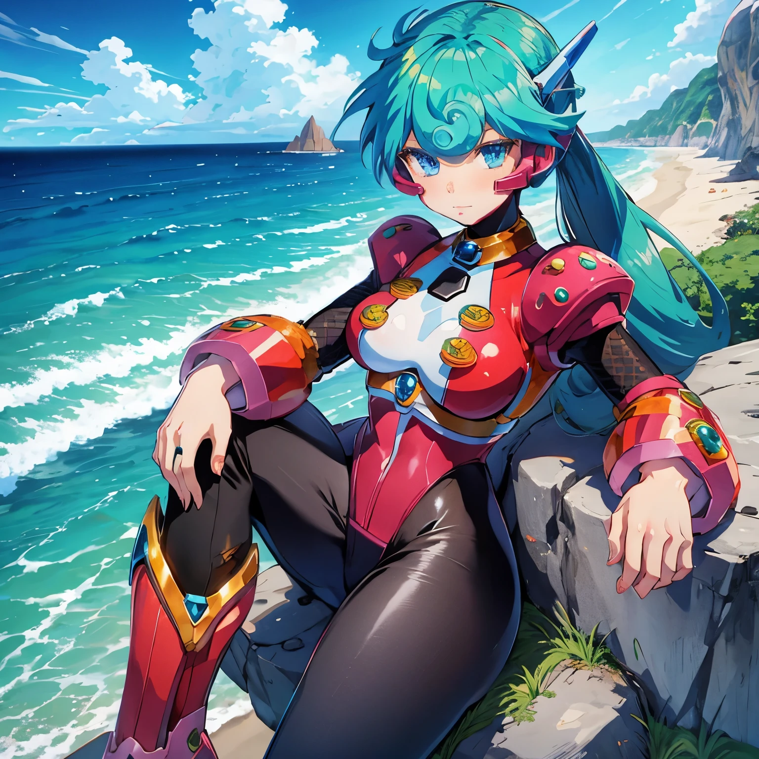 marino_megamanx, 1girl, green hair, blue eyes, ponytail, detailed face, breasts, masterpiece, high quality, overlooking the ocean on the edge of a rock, in the style of avian-themed, realistic yet stylized, villagecore, azure, orange and azure, dragoncore, aerial view