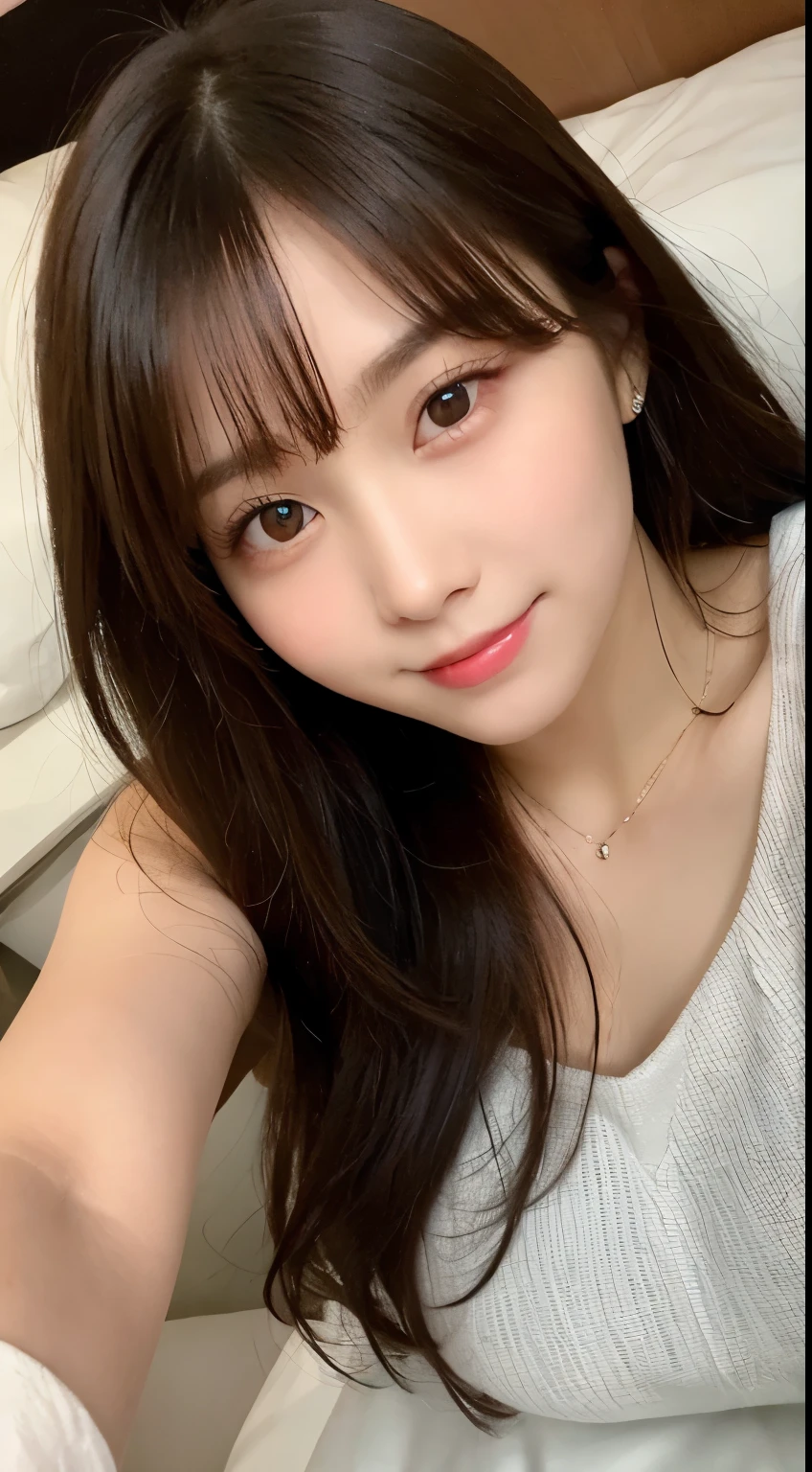 table top, highest quality, shape, Super detailed, finely, High resolution, 8k wallpaper, 完璧なダイナミックな構shape, beautiful and detailed eyes, spring fashion, small breasts, natural color lip,優しいsmile,20 year old girl、美しくdetailed face、perfect and beautiful face,Big eyes、美しくdetailed face、perfect and beautiful double eyelids、blur the background、Feminine poses、slim face and style、straight hair、Bedroom、lie in bed、 (get closer to the face, enlarge the face, face focus:1.0), break, (masterpiece, highest quality, Super detailed, detailed face, 8k)、real photos（best image quality）、shoot from above、look up、K-POPアイドルフェイス、smile