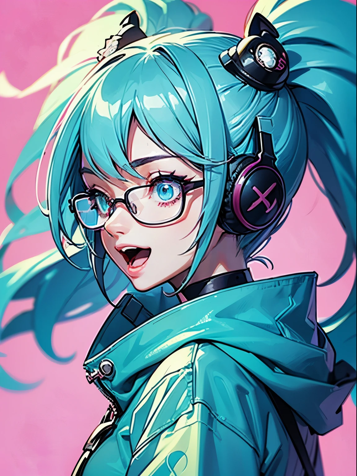 1beautiful girl、From Side、Turn your face to the side、The upper part of the body、profile、Smile with open mouth、(headphones)、Pop、Anime style、she is looking up diagonally、blue hairs、eye glasses、poneyTail、parka、simple background、Bright pink background、