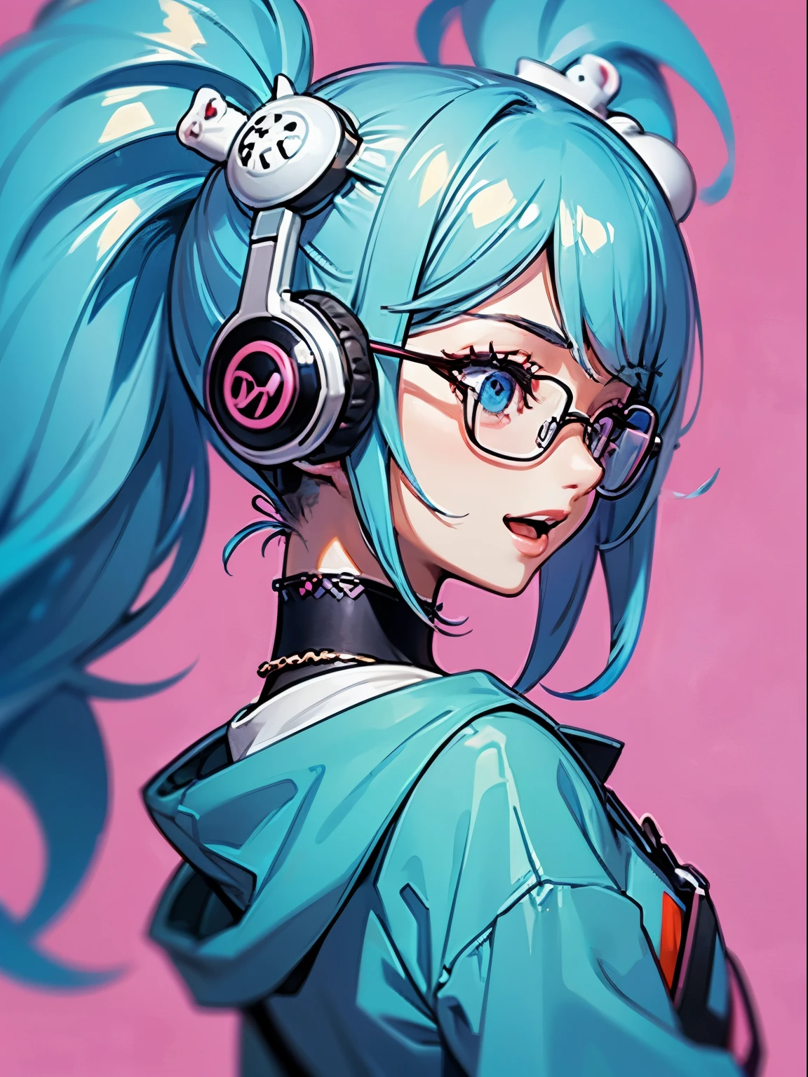 1beautiful girl、From Side、Turn your face to the side、The upper part of the body、profile、Smile with open mouth、(headphones)、Pop、Anime style、she is looking up diagonally、blue hairs、eye glasses、poneyTail、parka、simple background、Bright pink background、