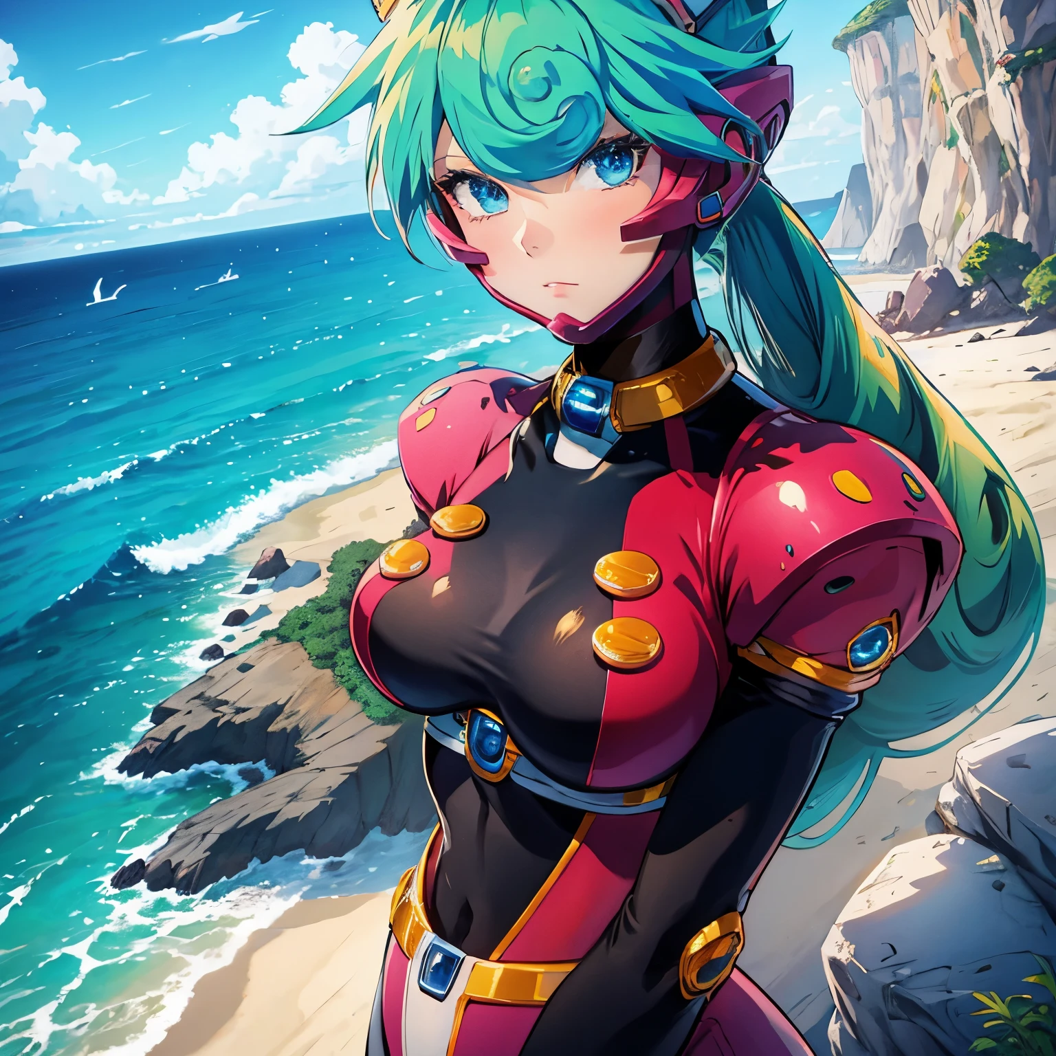 marino_megamanx, 1girl, green hair, blue eyes, ponytail, detailed face, breasts, masterpiece, high quality, overlooking the ocean on the edge of a rock, in the style of avian-themed, realistic yet stylized, villagecore, azure, orange and azure, dragoncore, aerial view