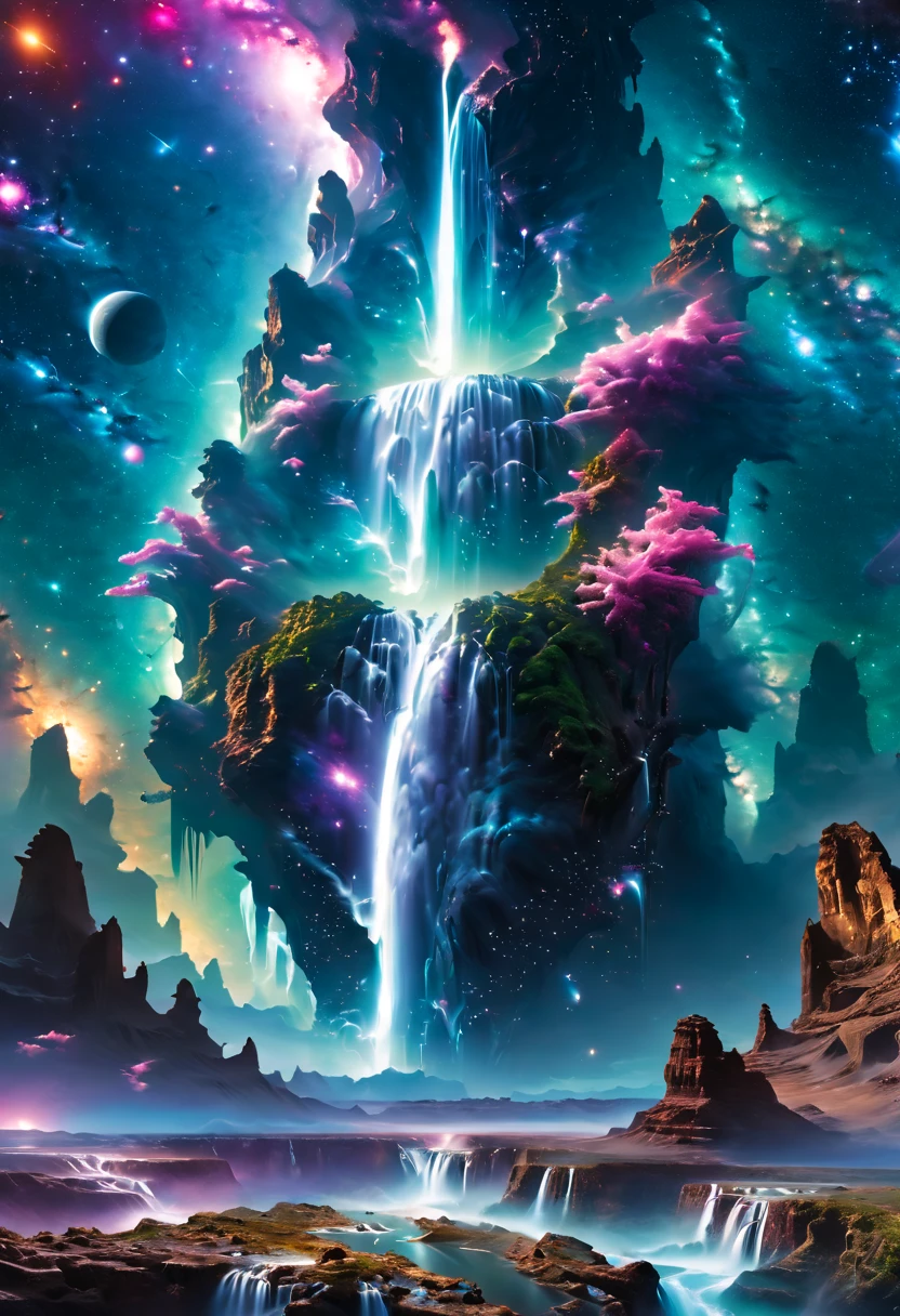 ((Aerial View))，A supremely beautiful Creation Pillar topped with the Milky Way pouring down like a waterfall, set in a cosmic landscape. This magnificent scene combines elements of fantasy and space, showing the pillar standing tall against a backdrop of stars, nebulae, and celestial bodies. The Milky Way's cascading flow is illuminated with vibrant colors, creating a stunning visual effect that resembles a cosmic waterfall. The scene is ethereal and awe-inspiring, highlighting the beauty and majesty of the universe.