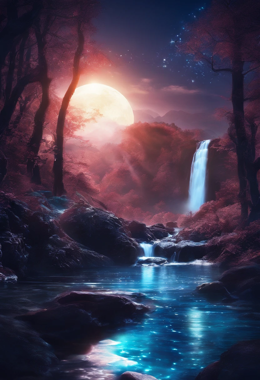    Fantasy landscape waterfall close-up close-up full moon night tone dark blue glowing light and shadow art mysterious atmosphere mysterious art magic glowing forest, lakeside, waterfall bokeh, Fog with multiple realistic intricate details, masterpiece,  lifelike, Best quality photo quality.Ultra high definition movie master art fantasy work
