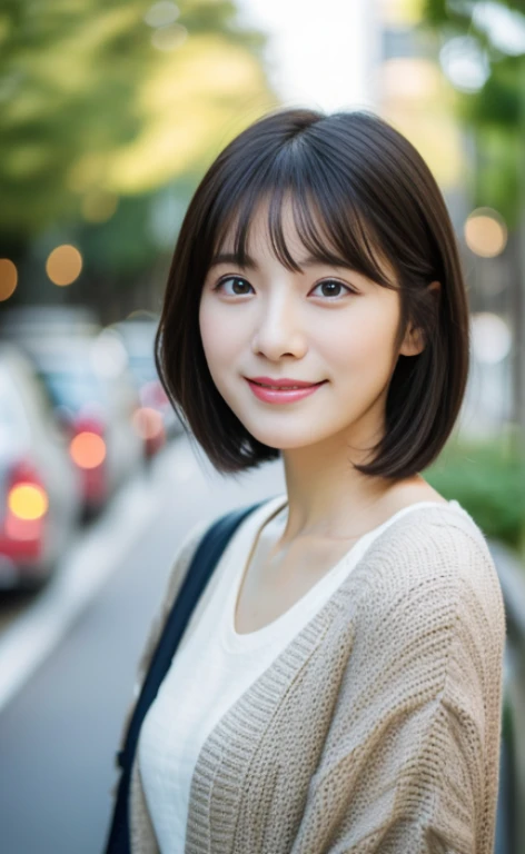 Portrait、8k、high quality、realistic photo images、24-years-old、japanese woman、neat wife、、housewife、Reproduces natural and realistic eyes、japanese stand、beautiful black hair、short hair、light makeup、octane rendering、beautiful lighting、composition of golden ratio、laughter、everyday wear、casual clothes、natural background、blurred background、High level image quality、Pure Japanese humanity、beautiful wife、Upper body、light makeup、No makeup、pure beauty、plain clothes、grey、beige、green、Plain color、casual clothes、slight smile、small black eyes、background bokeh