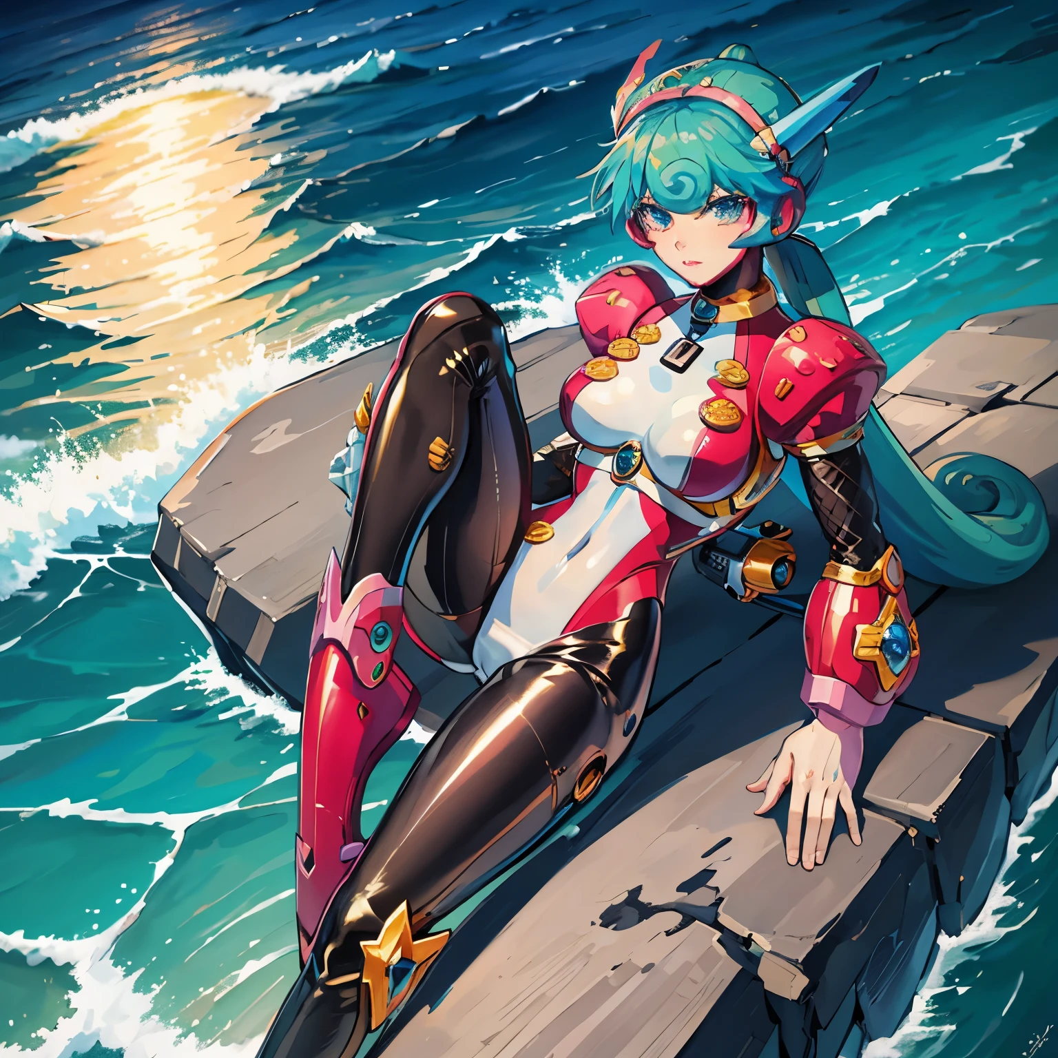 marino_megamanx, 1girl, green hair, blue eyes, ponytail, detailed face, breasts, masterpiece, high quality, overlooking the ocean on the edge of a rock, in the style of avian-themed, realistic yet stylized, villagecore, azure, orange and azure, dragoncore, aerial view