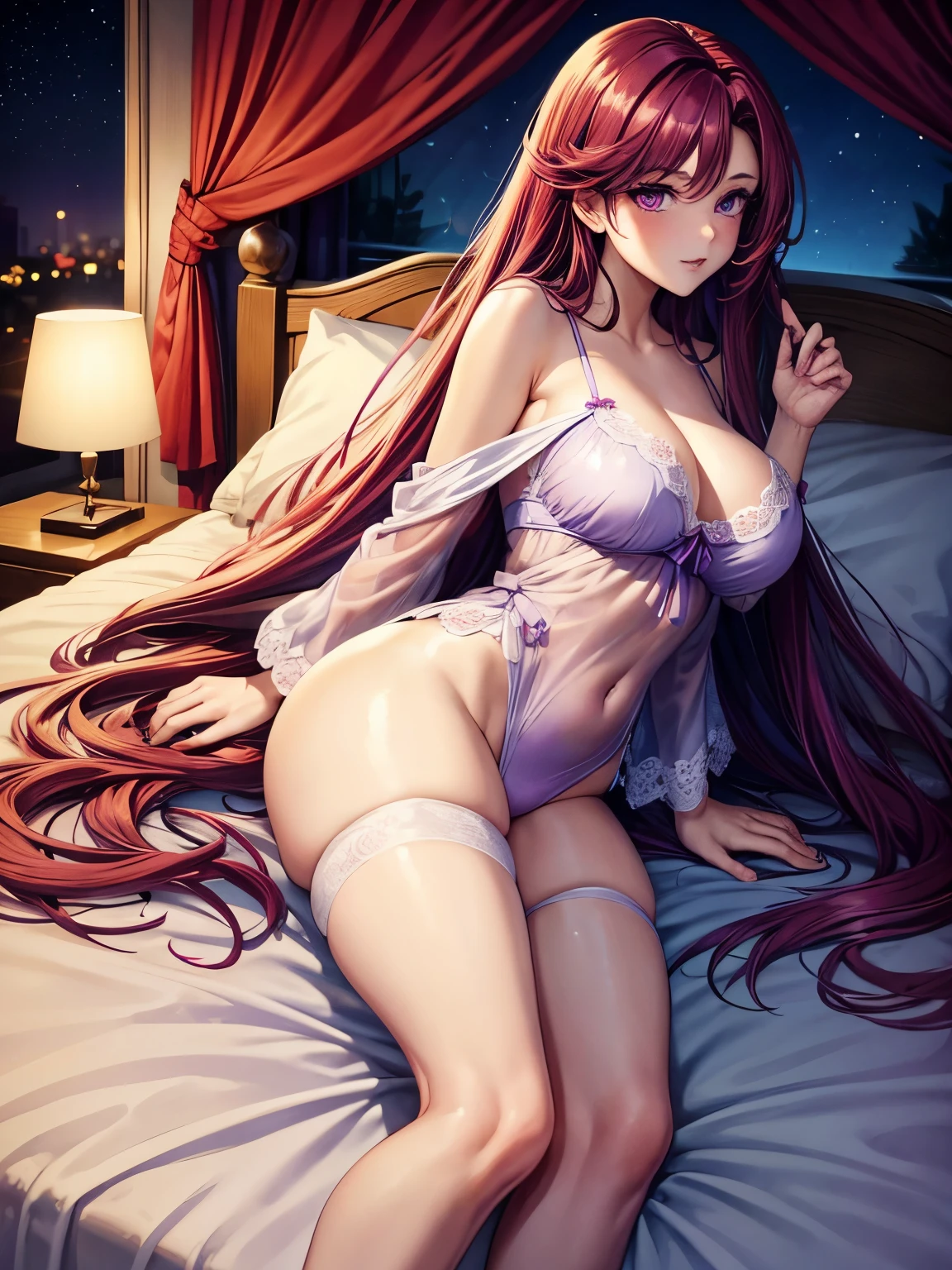 1 girl, red-purple hair, very long hair, violet eyes, beautiful eyes, big eyes, big lips, glossy lips, very curvy body, big breasts, long legs, big butt, wide hips, thick thights, defined image, seductive gaze, dressed cozy, cozy home, lead on the bed, in the bedroom, cozy sheets and blanket, dressed in a silk pijama, cozy outfit, night pijama, morning wake up