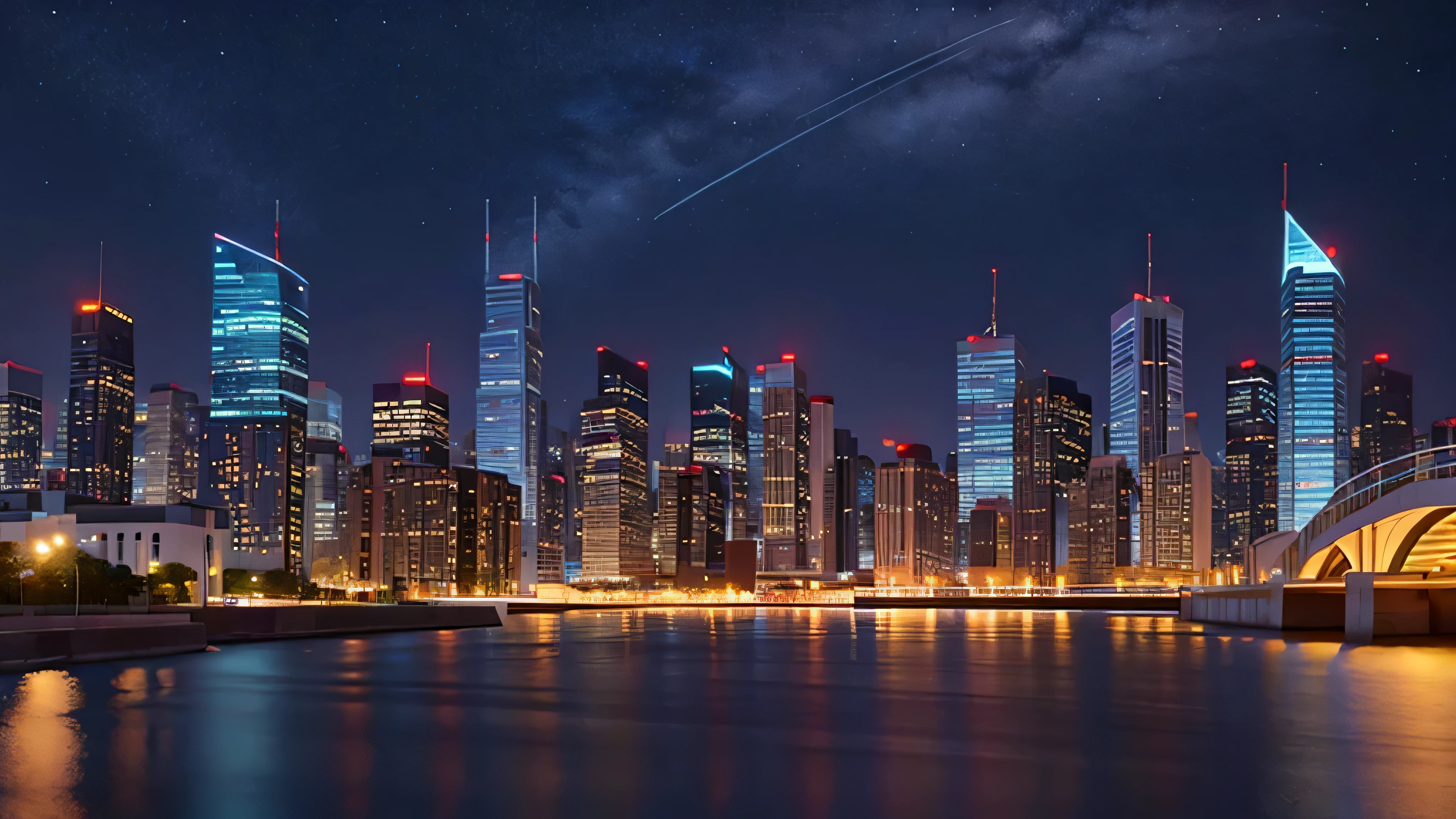 a vector illustration, night view, nightlife, city, tall buildings, CityLine, minimalistic, background wallpaper