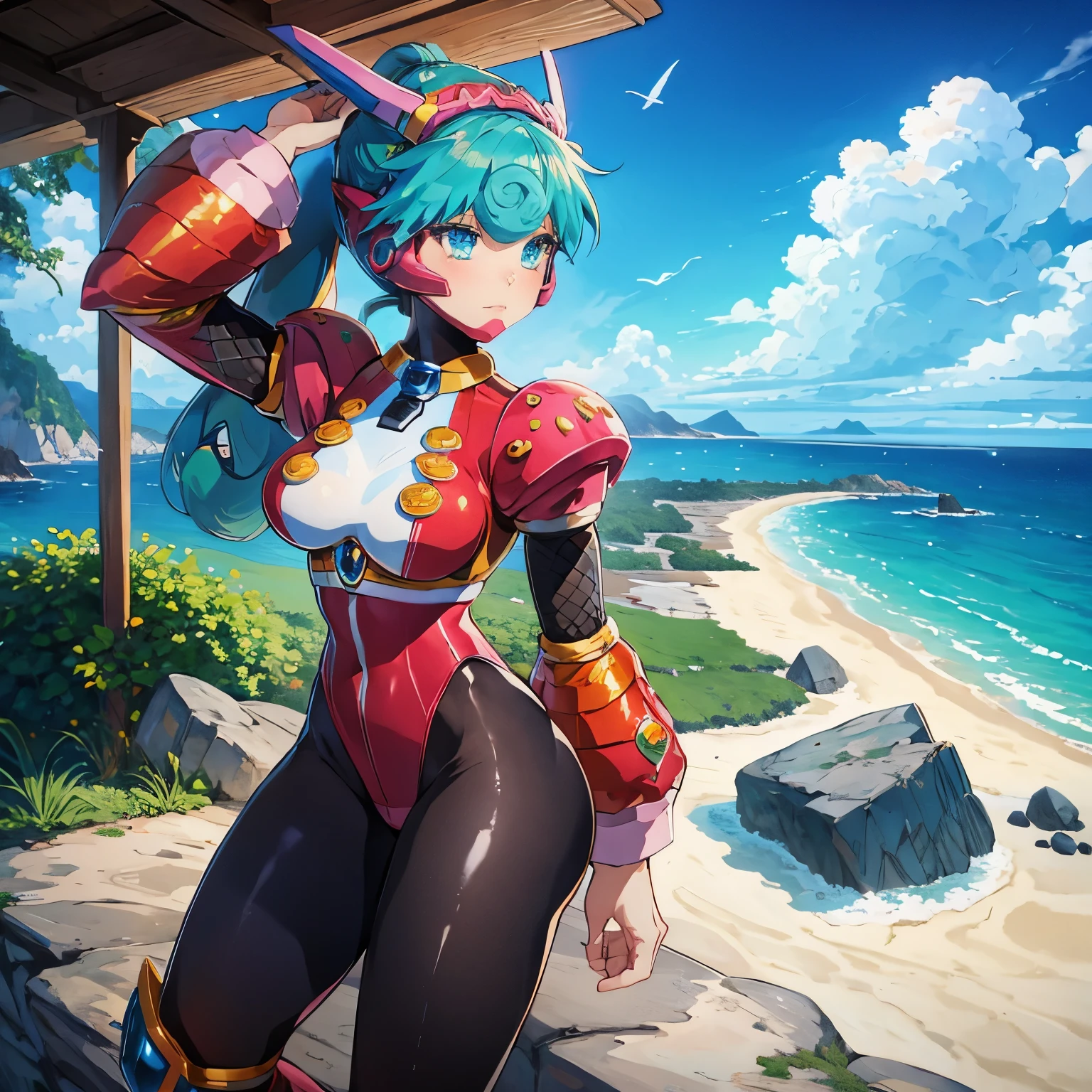marino_megamanx, 1girl, green hair, blue eyes, ponytail, detailed face, breasts, masterpiece, high quality, overlooking the ocean on the edge of a rock, in the style of avian-themed, realistic yet stylized, villagecore, azure, orange and azure, dragoncore, aerial view