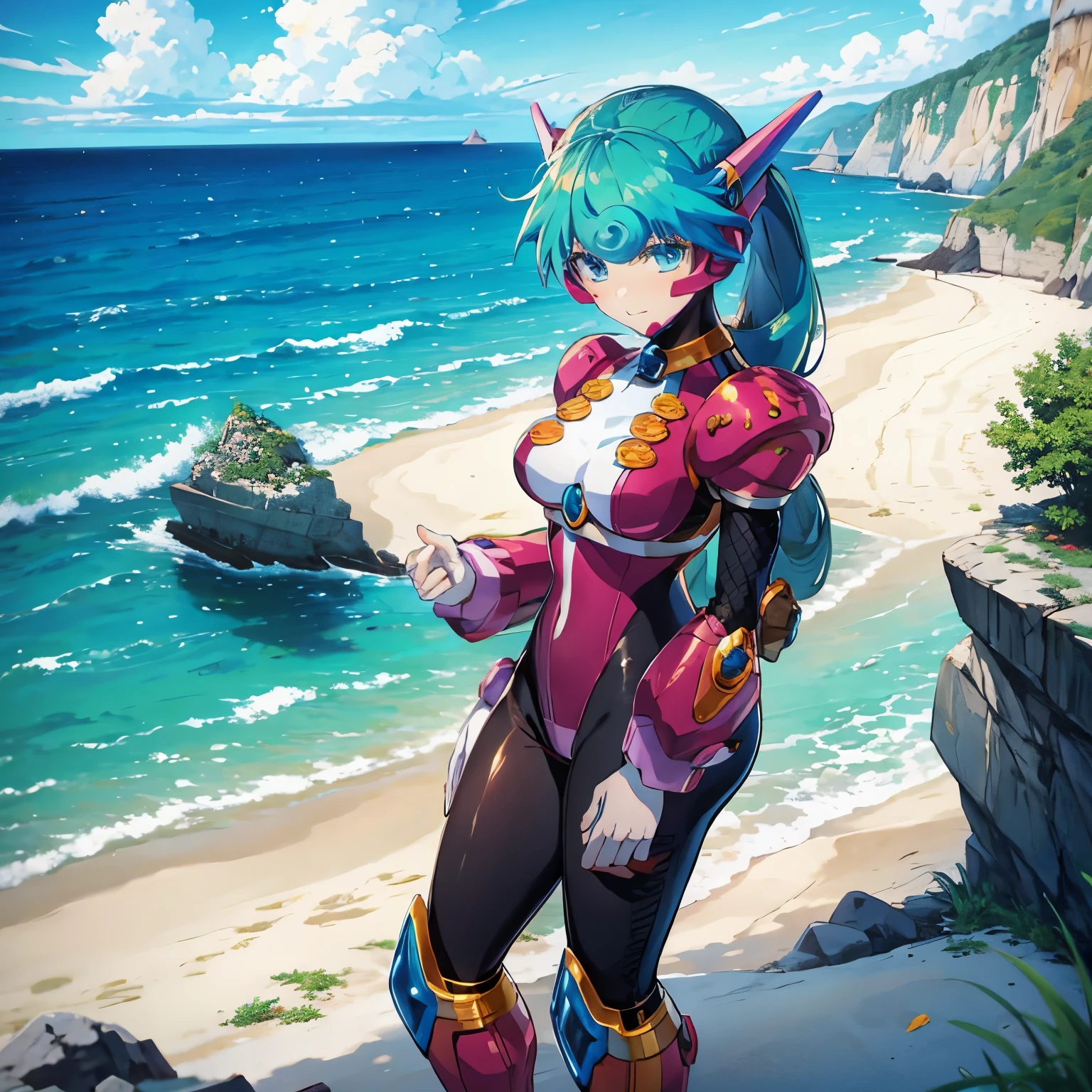layer_megamanx, 1girl, solo, long hair, purple hair, blunt bangs, hair over eyes, large breasts, dark skin, dark-skinned female, android, underboob, robot ears, overlooking the ocean on the edge of a rock, in the style of avian-themed, realistic yet stylized, villagecore, azure, orange and azure, dragoncore, aerial view