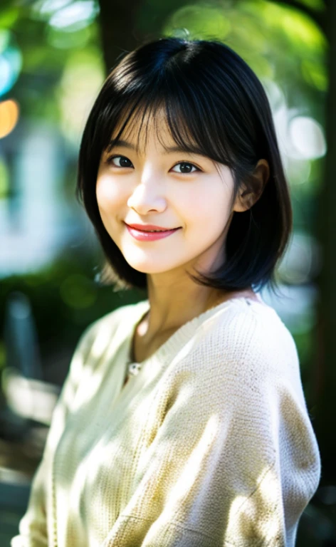 Portrait、8k、high quality、realistic photo images、24-years-old、japanese woman、neat wife、、housewife、Reproduces natural and realistic eyes、japanese stand、beautiful black hair、short hair、light makeup、octane rendering、beautiful lighting、composition of golden ratio、laughter、everyday wear、casual clothes、natural background、blurred background、High level image quality、Pure Japanese humanity、beautiful wife、Upper body、light makeup、No makeup、pure beauty、plain clothes、grey、beige、green、Plain color、casual clothes、slight smile、small black eyes、background bokeh