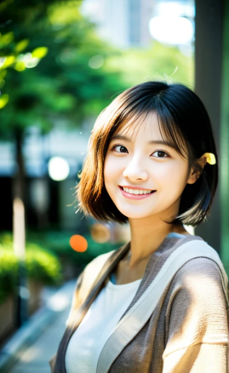 Portrait、8k、high quality、realistic photo images、24-years-old、japanese woman、neat wife、、housewife、Reproduces natural and realistic eyes、japanese stand、beautiful black hair、short hair、light makeup、octane rendering、beautiful lighting、composition of golden ratio、laughter、everyday wear、casual clothes、natural background、blurred background、High level image quality、Pure Japanese humanity、beautiful wife、Upper body、light makeup、No makeup、pure beauty、plain clothes、grey、beige、green、Plain color、casual clothes、slight smile、small black eyes、background bokeh