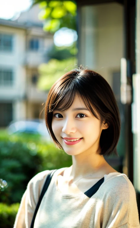 Portrait、8k、high quality、realistic photo images、24-years-old、japanese woman、neat wife、、housewife、Reproduces natural and realistic eyes、japanese stand、beautiful black hair、short hair、light makeup、octane rendering、beautiful lighting、composition of golden ratio、laughter、everyday wear、casual clothes、natural background、blurred background、High level image quality、Pure Japanese humanity、beautiful wife、Upper body、light makeup、No makeup、pure beauty、plain clothes、grey、beige、green、Plain color、casual clothes、slight smile、small black eyes、background bokeh
