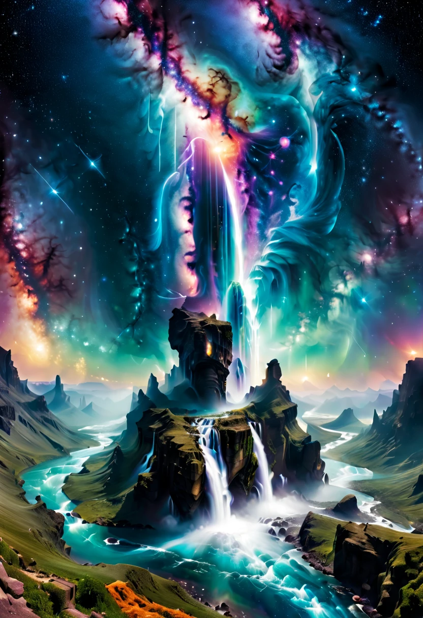 ((Aerial View))，(A supremely beautiful Creation Pillar topped with the Milky Way pouring down like a waterfall), set in a cosmic landscape. This magnificent scene combines elements of fantasy and space, showing the pillar standing tall against a backdrop of stars, nebulae, and celestial bodies. The Milky Way's cascading flow is illuminated with vibrant colors, creating a stunning visual effect that resembles a cosmic waterfall. The scene is ethereal and awe-inspiring, highlighting the beauty and majesty of the universe.