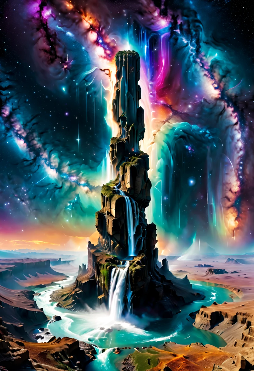 ((Aerial View))，(A supremely beautiful Creation Pillar topped with the Milky Way pouring down like a waterfall), set in a cosmic landscape. This magnificent scene combines elements of fantasy and space, showing the pillar standing tall against a backdrop of stars, nebulae, and celestial bodies. The Milky Way's cascading flow is illuminated with vibrant colors, creating a stunning visual effect that resembles a cosmic waterfall. The scene is ethereal and awe-inspiring, highlighting the beauty and majesty of the universe.