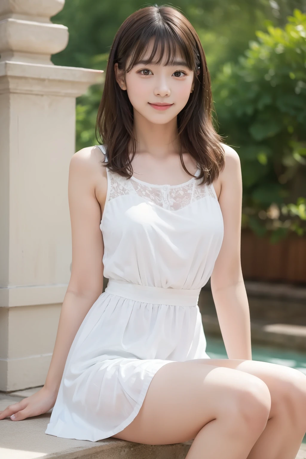 two girls, pretty girl、, smile, summer mini dress, thighs, underwear、8k, masterpiece, high detail, high quality, High resolution, 最high quality, 16k,