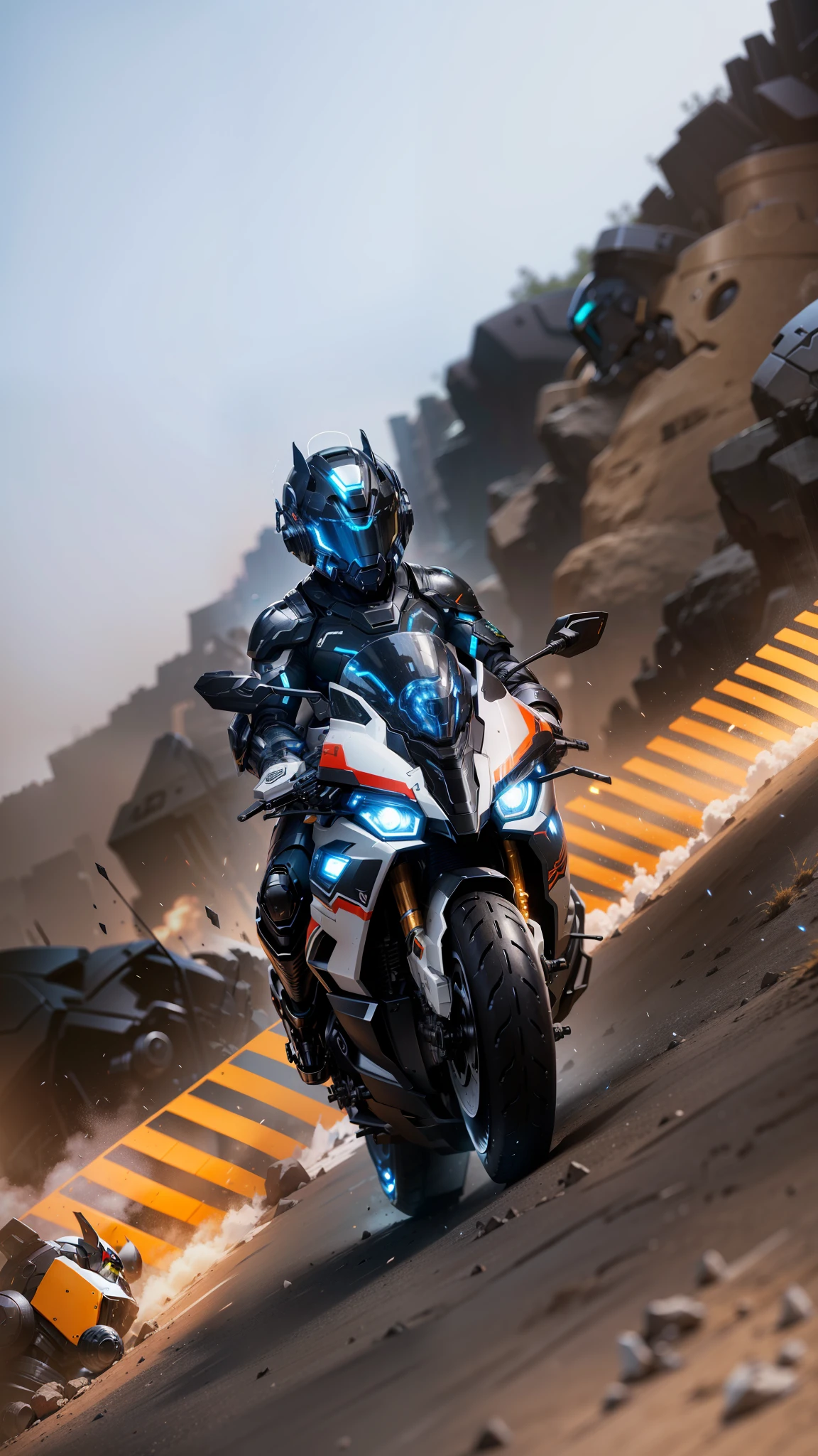 Handsome black mecha cyber warrior,Information mechanical motorcycle,High-tech black full-face helmet,Noor, Biomechanics SHN People,High-tech helmet,Surreal, steel, complex design, Very detailed very detailed, The lines are extremely clear, light, Real photos, detailed masterpiece