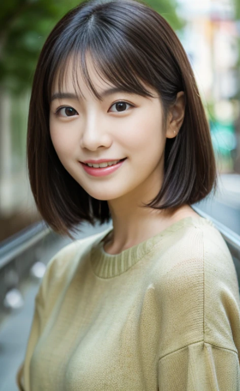 Portrait、8k、high quality、realistic photo images、24-years-old、japanese woman、neat wife、、housewife、Reproduces natural and realistic eyes、japanese stand、beautiful black hair、short hair、light makeup、octane rendering、beautiful lighting、composition of golden ratio、laughter、everyday wear、casual clothes、natural background、blurred background、High level image quality、Pure Japanese humanity、beautiful wife、Upper body、light makeup、No makeup、pure beauty、plain clothes、grey、beige、green、Plain color、casual clothes、slight smile、small black eyes、background bokeh