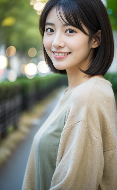 Portrait、8k、high quality、realistic photo images、24-years-old、japanese woman、neat wife、、housewife、Reproduces natural and realistic eyes、japanese stand、beautiful black hair、short hair、light makeup、octane rendering、beautiful lighting、composition of golden ratio、laughter、everyday wear、casual clothes、natural background、blurred background、High level image quality、Pure Japanese humanity、beautiful wife、Upper body、light makeup、No makeup、pure beauty、plain clothes、grey、beige、green、Plain color、casual clothes、slight smile、small black eyes、background bokeh