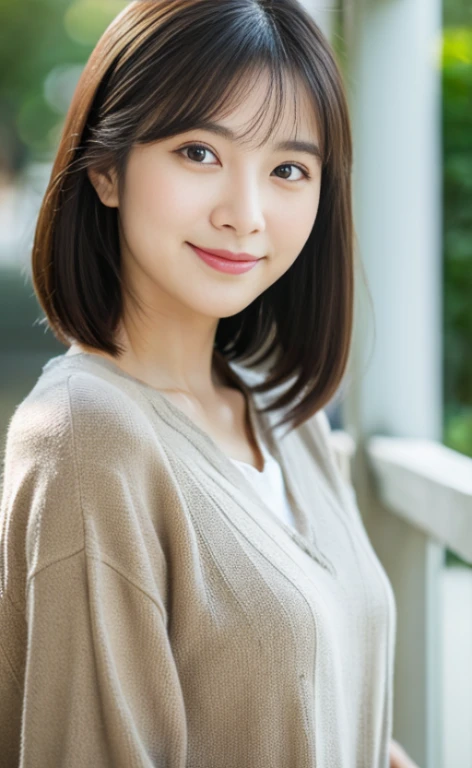 Portrait、8k、high quality、realistic photo images、24-years-old、japanese woman、neat wife、、housewife、Reproduces natural and realistic eyes、japanese stand、beautiful black hair、short hair、light makeup、octane rendering、beautiful lighting、composition of golden ratio、laughter、everyday wear、casual clothes、natural background、blurred background、High level image quality、Pure Japanese humanity、beautiful wife、Upper body、light makeup、No makeup、pure beauty、plain clothes、grey、beige、green、Plain color、casual clothes、slight smile、small black eyes、background bokeh