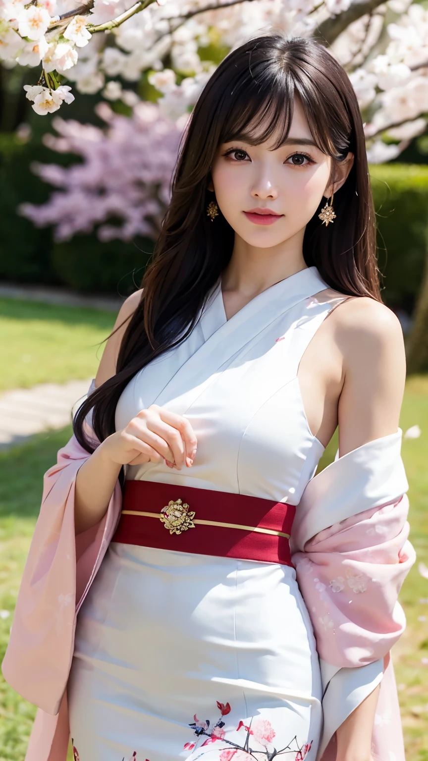 (logo、masterpiece、8k、table top、RAW photo、wonderful、最high quality、realistic、very detailed CG 統合 8k 壁紙、high quality、very detailed、Narrative poem、particle effects、dynamic effects、written boundary depth、cinematic light、Lens flare、ray tracing)、fantasy、 (1 beautiful woman、Kimono isolated on white background、Japan Dress、cherry blossom pattern、black haired、beautiful face、real face、detailed and beautiful eyes、beautiful skin)、Hair flutters in Wind、hair bounces、pink cherry tree、petals dance、SakuraFubuki、wonderful景色、sunrise、sun on background、Wind、god々、teeth、god話、vast land、