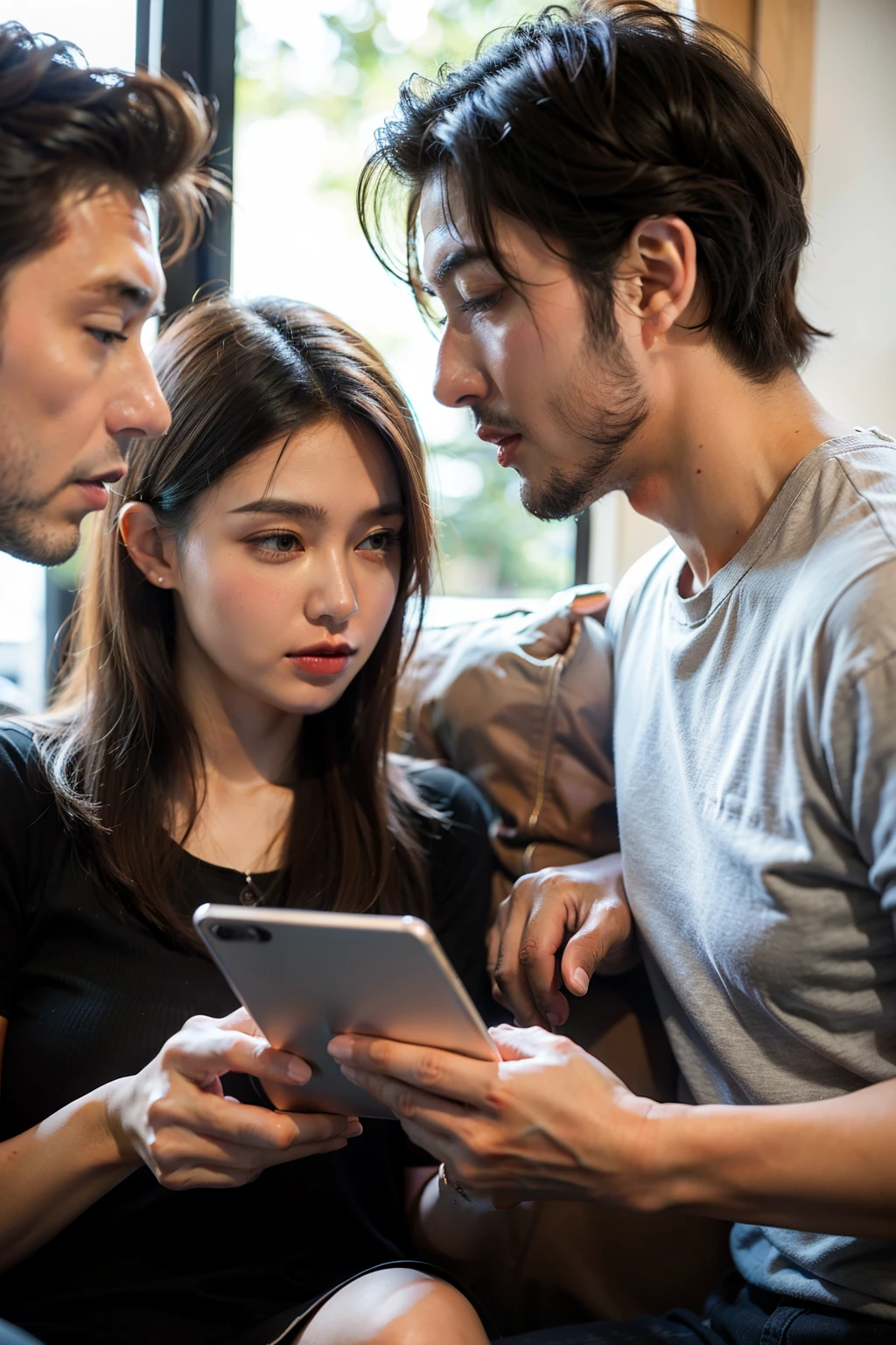 2 young people,A man and a woman in 90° profile,Two people looking at the tablet in the same hand,,The screen can see the picture
