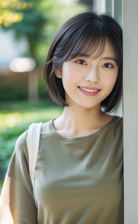Portrait、8k、high quality、realistic photo images、24-years-old、japanese woman、neat wife、、housewife、Reproduces natural and realistic eyes、japanese stand、beautiful black hair、short hair、light makeup、octane rendering、beautiful lighting、composition of golden ratio、laughter、everyday wear、casual clothes、natural background、blurred background、High level image quality、Pure Japanese humanity、beautiful wife、Upper body、light makeup、No makeup、pure beauty、plain clothes、grey、beige、green、Plain color、casual clothes、slight smile、small black eyes、background bokeh