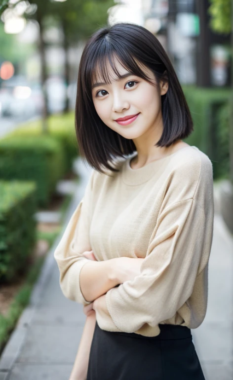 Portrait、8k、high quality、realistic photo images、24-years-old、japanese woman、neat wife、、housewife、Reproduces natural and realistic eyes、japanese stand、beautiful black hair、short hair、light makeup、octane rendering、beautiful lighting、composition of golden ratio、laughter、everyday wear、casual clothes、natural background、blurred background、High level image quality、Pure Japanese humanity、beautiful wife、Upper body、light makeup、No makeup、pure beauty、plain clothes、grey、beige、green、Plain color、casual clothes、slight smile、small black eyes、background bokeh