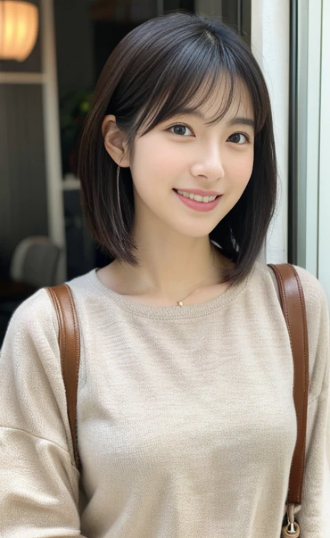 Portrait、8k、high quality、realistic photo images、24-years-old、japanese woman、neat wife、、housewife、Reproduces natural and realistic eyes、japanese stand、beautiful black hair、short hair、light makeup、octane rendering、beautiful lighting、composition of golden ratio、laughter、everyday wear、casual clothes、natural background、blurred background、High level image quality、Pure Japanese humanity、beautiful wife、Upper body、light makeup、No makeup、pure beauty、plain clothes、grey、beige、green、Plain color、casual clothes、slight smile、small black eyes、background bokeh